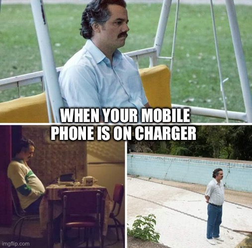 mobile | WHEN YOUR MOBILE PHONE IS ON CHARGER | image tagged in memes,sad pablo escobar | made w/ Imgflip meme maker