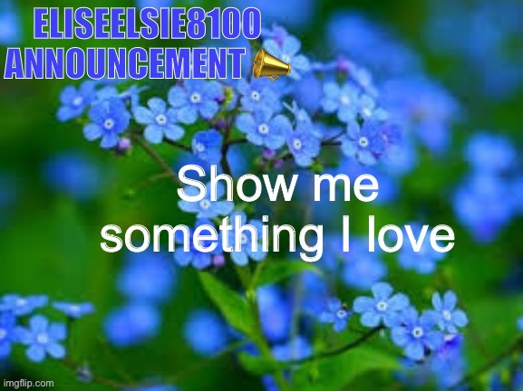 EliseElsie8100 Announcement | Show me something I love | image tagged in eliseelsie8100 announcement | made w/ Imgflip meme maker