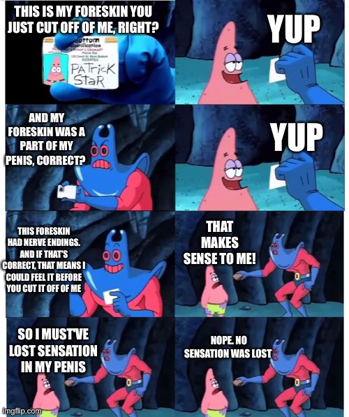 patrick not my wallet | YUP; THIS IS MY FORESKIN YOU JUST CUT OFF OF ME, RIGHT? AND MY FORESKIN WAS A PART OF MY PENIS, CORRECT? YUP; THAT MAKES SENSE TO ME! THIS FORESKIN HAD NERVE ENDINGS. AND IF THAT'S CORRECT, THAT MEANS I COULD FEEL IT BEFORE YOU CUT IT OFF OF ME; NOPE. NO SENSATION WAS LOST; SO I MUST'VE LOST SENSATION IN MY PENIS | image tagged in patrick not my wallet | made w/ Imgflip meme maker