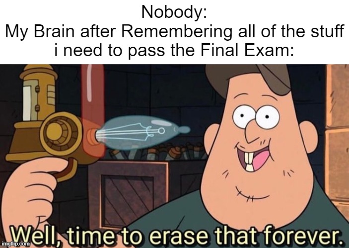Meanwhile my Brain Always focuses all of the Embarrassing and Cringe Memories 4 year ago. | Nobody:
My Brain after Remembering all of the stuff i need to pass the Final Exam: | image tagged in well time to erase that forever,school,exam,relatable memes,memes,funny | made w/ Imgflip meme maker