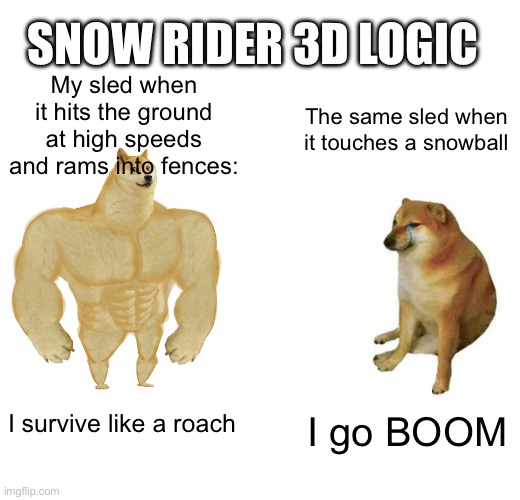 Buff Doge vs. Cheems Meme | SNOW RIDER 3D LOGIC; My sled when it hits the ground at high speeds and rams into fences:; The same sled when it touches a snowball; I survive like a roach; I go BOOM | image tagged in memes,buff doge vs cheems | made w/ Imgflip meme maker