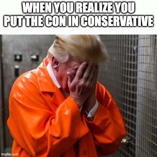 Indeed | WHEN YOU REALIZE YOU PUT THE CON IN CONSERVATIVE | image tagged in donald trump criminal | made w/ Imgflip meme maker