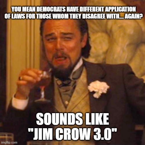 Laughing Leo Meme | YOU MEAN DEMOCRATS HAVE DIFFERENT APPLICATION OF LAWS FOR THOSE WHOM THEY DISAGREE WITH.... AGAIN? SOUNDS LIKE "JIM CROW 3.0" | image tagged in memes,laughing leo | made w/ Imgflip meme maker