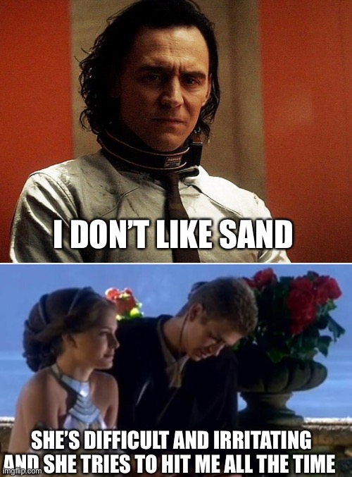 These 2 scenes are the same - change my mind | I DON’T LIKE SAND; SHE’S DIFFICULT AND IRRITATING AND SHE TRIES TO HIT ME ALL THE TIME | image tagged in blank white template | made w/ Imgflip meme maker