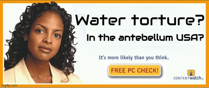 Water torture in antebellum USA racial chattel slavery | Water torture? In the antebellum USA? | image tagged in more likely than you think,history,history memes,historical,historical meme,slavery | made w/ Imgflip meme maker