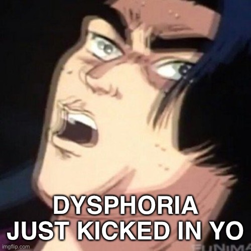 shingo’s gay | DYSPHORIA JUST KICKED IN YO | image tagged in e,trans | made w/ Imgflip meme maker