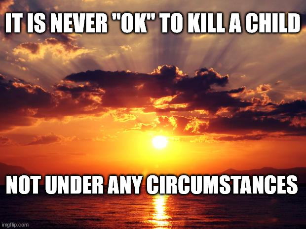 Sunset | IT IS NEVER "OK" TO KILL A CHILD; NOT UNDER ANY CIRCUMSTANCES | image tagged in sunset | made w/ Imgflip meme maker