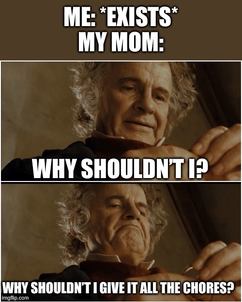 i get all the chores | ME: *EXISTS*
MY MOM:; WHY SHOULDN’T I? WHY SHOULDN’T I GIVE IT ALL THE CHORES? | image tagged in bilbo - why shouldn t i keep it,chores | made w/ Imgflip meme maker