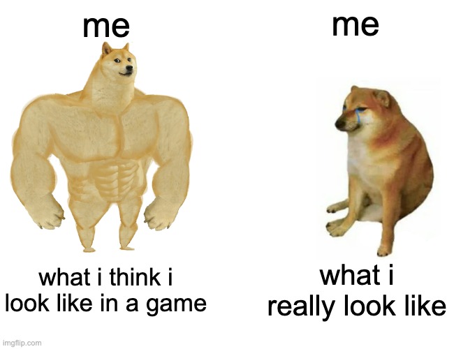 ark | me; me; what i think i look like in a game; what i really look like | image tagged in memes,buff doge vs cheems | made w/ Imgflip meme maker