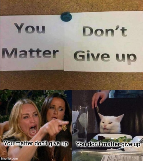 You matter don't give up; You don't matter give up | image tagged in memes,woman yelling at cat,graphic design problems | made w/ Imgflip meme maker