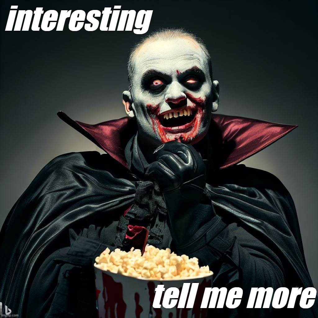 tell me more | interesting; tell me more | image tagged in tell me more,dracula,vampire,popcorn,interesting | made w/ Imgflip meme maker