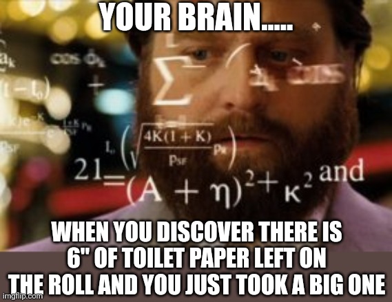 Most math was invented to determine how little toilet paper you could get away with..... | YOUR BRAIN..... WHEN YOU DISCOVER THERE IS 6" OF TOILET PAPER LEFT ON THE ROLL AND YOU JUST TOOK A BIG ONE | image tagged in math,toilet paper,i was not expecting that,truth,check,toilet | made w/ Imgflip meme maker