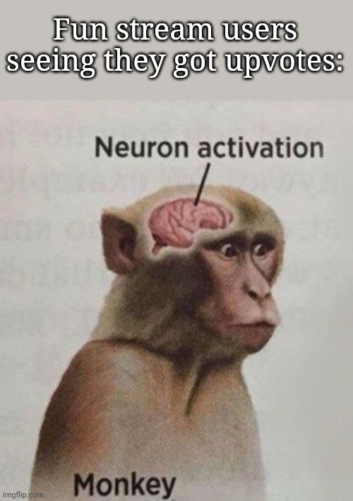 Neuron Activation Monkey | Fun stream users seeing they got upvotes: | image tagged in neuron activation monkey | made w/ Imgflip meme maker