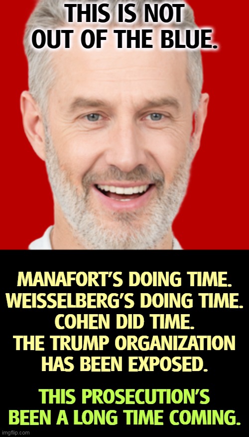 Out of the blue? Not really. | THIS IS NOT OUT OF THE BLUE. MANAFORT'S DOING TIME.
WEISSELBERG'S DOING TIME.
COHEN DID TIME.
THE TRUMP ORGANIZATION
HAS BEEN EXPOSED. THIS PROSECUTION'S BEEN A LONG TIME COMING. | image tagged in trump,long,time,career,criminal | made w/ Imgflip meme maker