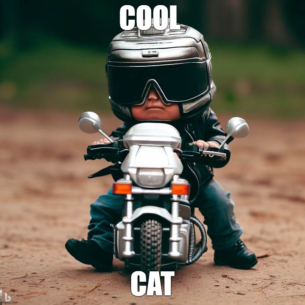 Cool Cat | COOL; CAT | image tagged in cool cat,riding,tiny,motorcycle | made w/ Imgflip meme maker