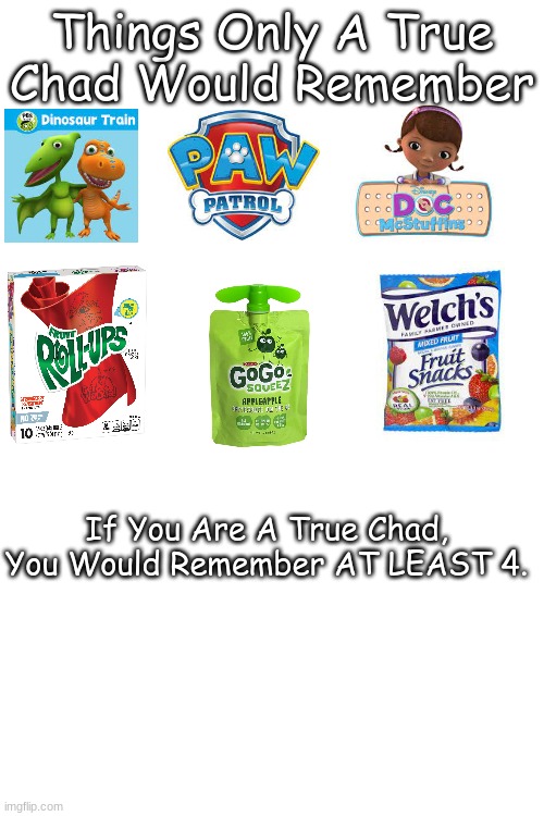 Ah, The Nostalgia | Things Only A True Chad Would Remember; If You Are A True Chad, You Would Remember AT LEAST 4. | image tagged in blank white template,childhood,memories,tv,food | made w/ Imgflip meme maker