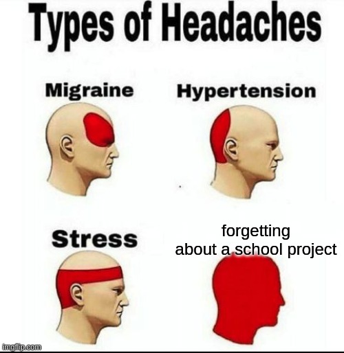 Types of Headaches meme | forgetting about a school project | image tagged in types of headaches meme | made w/ Imgflip meme maker
