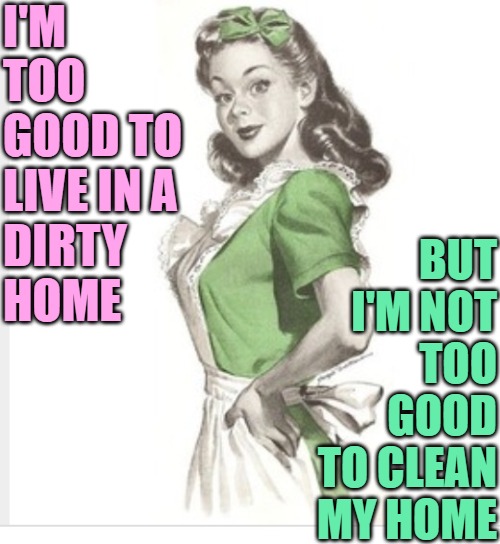 Too Good Housewife | I'M TOO GOOD TO LIVE IN A
DIRTY
HOME; BUT I'M NOT
TOO GOOD
TO CLEAN MY HOME | image tagged in 50's housewife,sassy,funny,housework,cleaning,attitude | made w/ Imgflip meme maker