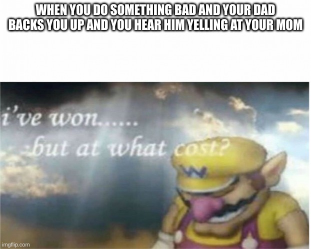 i'm sorry mom :( | WHEN YOU DO SOMETHING BAD AND YOUR DAD BACKS YOU UP AND YOU HEAR HIM YELLING AT YOUR MOM | image tagged in i won but at what cost | made w/ Imgflip meme maker