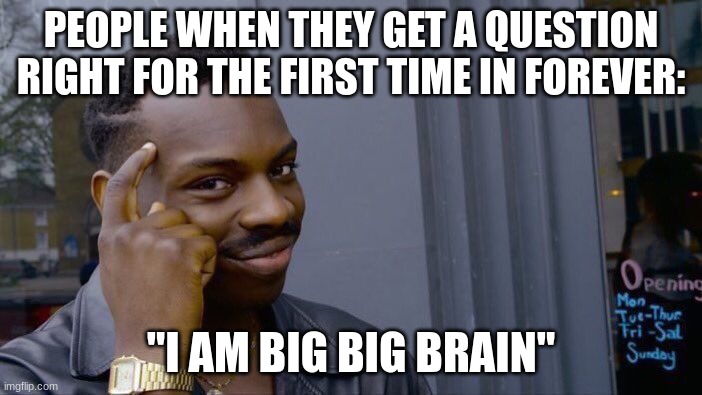 whir | PEOPLE WHEN THEY GET A QUESTION RIGHT FOR THE FIRST TIME IN FOREVER:; "I AM BIG BIG BRAIN" | image tagged in memes,roll safe think about it | made w/ Imgflip meme maker