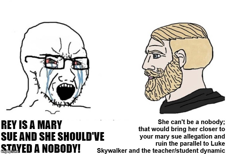 Can't have it both ways. | She can't be a nobody; that would bring her closer to your mary sue allegation and ruin the parallel to Luke Skywalker and the teacher/student dynamic; REY IS A MARY SUE AND SHE SHOULD'VE STAYED A NOBODY! | image tagged in soyboy vs yes chad | made w/ Imgflip meme maker