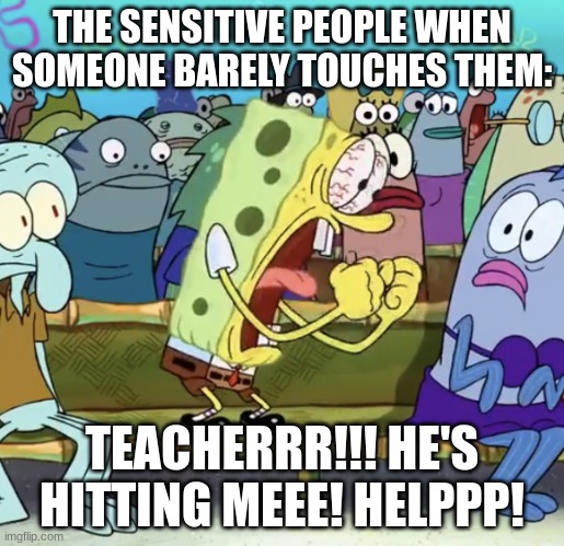 lal | THE SENSITIVE PEOPLE WHEN SOMEONE BARELY TOUCHES THEM:; TEACHERRR!!! HE'S HITTING MEEE! HELPPP! | image tagged in spongebob yelling | made w/ Imgflip meme maker
