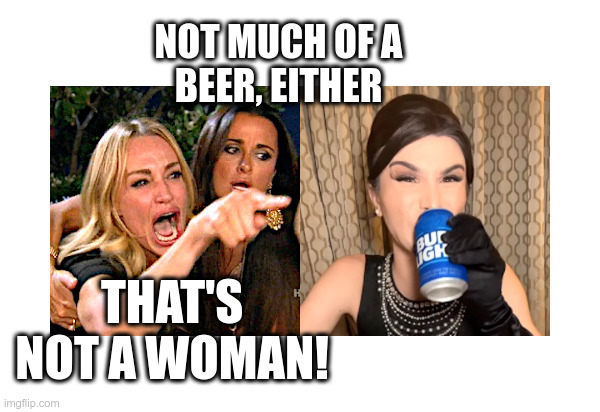 Not Much of a Beer, Either | image tagged in dylan mulvaney,bud light,woman yelling at cat | made w/ Imgflip meme maker
