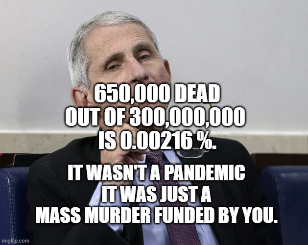 Dr. Fauci | 650,000 DEAD OUT OF 300,000,000 
IS 0.00216 %. IT WASN'T A PANDEMIC IT WAS JUST A MASS MURDER FUNDED BY YOU. | image tagged in dr fauci | made w/ Imgflip meme maker