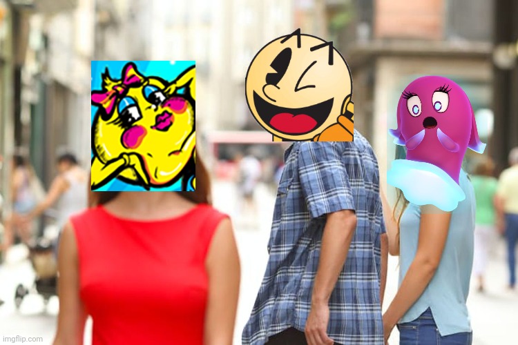 Pinky the ghost is a girl in Japan, & she likes Pac-Man a lot. | image tagged in memes,distracted boyfriend,video games,triangles are sharp,yandere,love is blind | made w/ Imgflip meme maker