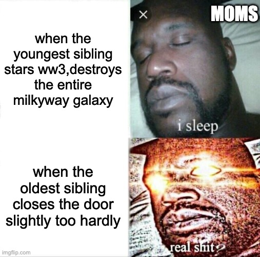 parents... | MOMS; when the youngest sibling stars ww3,destroys the entire milkyway galaxy; when the oldest sibling closes the door slightly too hardly | image tagged in memes,sleeping shaq,funny | made w/ Imgflip meme maker