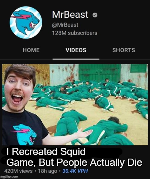 MrBeast thumbnail template | I Recreated Squid Game, But People Actually Die | image tagged in mrbeast thumbnail template | made w/ Imgflip meme maker