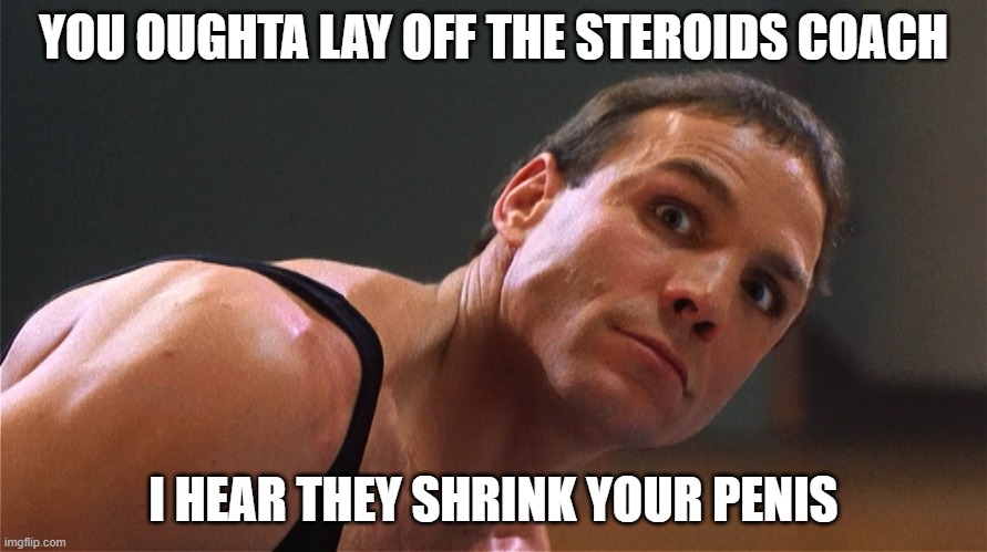 FUN | YOU OUGHTA LAY OFF THE STEROIDS COACH; I HEAR THEY SHRINK YOUR PENIS | image tagged in funny | made w/ Imgflip meme maker