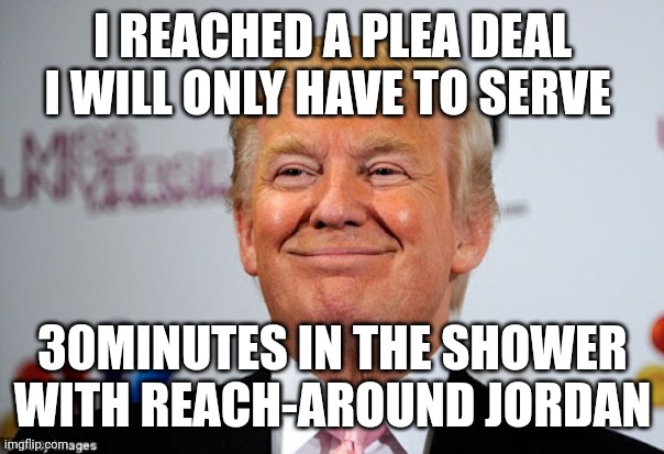That's not a mini loofah !!! | I REACHED A PLEA DEAL
I WILL ONLY HAVE TO SERVE; 30MINUTES IN THE SHOWER WITH REACH-AROUND JORDAN | image tagged in donald trump approves,tiny,eggplant | made w/ Imgflip meme maker
