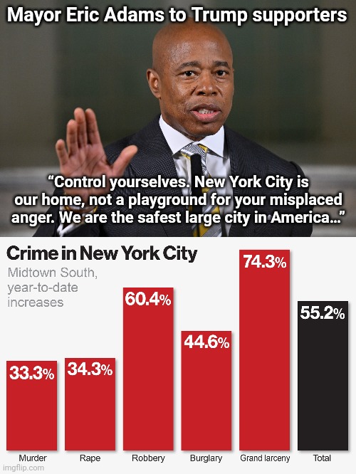 So safe citizens are fleeing the state in record numbers. | Mayor Eric Adams to Trump supporters; “Control yourselves. New York City is our home, not a playground for your misplaced anger. We are the safest large city in America…” | image tagged in memes | made w/ Imgflip meme maker