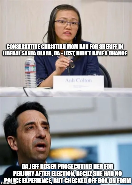 CONSERVATIVE CHRISTIAN MOM RAN FOR SHERIFF IN LIBERAL SANTA CLARA, CA - LOST, DIDN'T HAVE A CHANCE; DA JEFF ROSEN PROSECUTING HER FOR PERJURY AFTER ELECTION, BECUZ SHE HAD NO POLICE EXPERIENCE, BUT CHECKED OFF BOX ON FORM | image tagged in memes | made w/ Imgflip meme maker