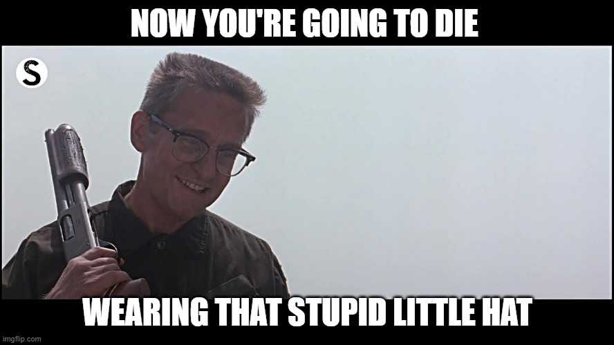 FUN | NOW YOU'RE GOING TO DIE; WEARING THAT STUPID LITTLE HAT | image tagged in funny | made w/ Imgflip meme maker