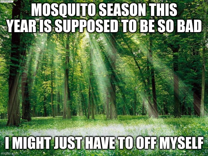 Off! | MOSQUITO SEASON THIS YEAR IS SUPPOSED TO BE SO BAD; I MIGHT JUST HAVE TO OFF MYSELF | image tagged in outdoors,inspirational,puns | made w/ Imgflip meme maker