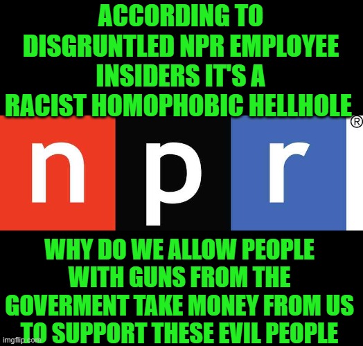 yep | ACCORDING TO DISGRUNTLED NPR EMPLOYEE INSIDERS IT'S A RACIST HOMOPHOBIC HELLHOLE; WHY DO WE ALLOW PEOPLE WITH GUNS FROM THE GOVERMENT TAKE MONEY FROM US TO SUPPORT THESE EVIL PEOPLE | image tagged in npr | made w/ Imgflip meme maker