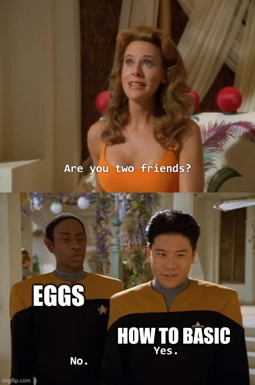Are you two friends? | EGGS; HOW TO BASIC | image tagged in are you two friends,eggs,egg,how to,food,dumb meme | made w/ Imgflip meme maker