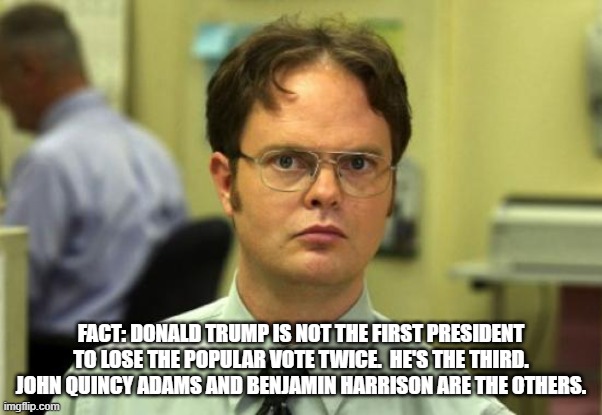 Dwight Schrute | FACT: DONALD TRUMP IS NOT THE FIRST PRESIDENT TO LOSE THE POPULAR VOTE TWICE.  HE'S THE THIRD. JOHN QUINCY ADAMS AND BENJAMIN HARRISON ARE THE OTHERS. | image tagged in memes,dwight schrute | made w/ Imgflip meme maker