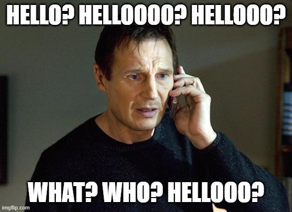 bad connetion | HELLO? HELLOOOO? HELLOOO? WHAT? WHO? HELLOOO? | image tagged in memes,liam neeson taken 2 | made w/ Imgflip meme maker