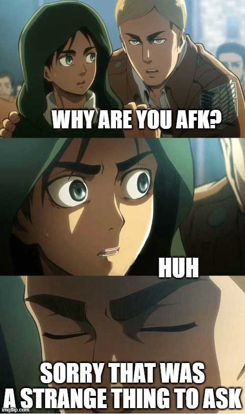 Erwin AOT | WHY ARE YOU AFK? HUH; SORRY THAT WAS A STRANGE THING TO ASK | image tagged in erwin aot | made w/ Imgflip meme maker