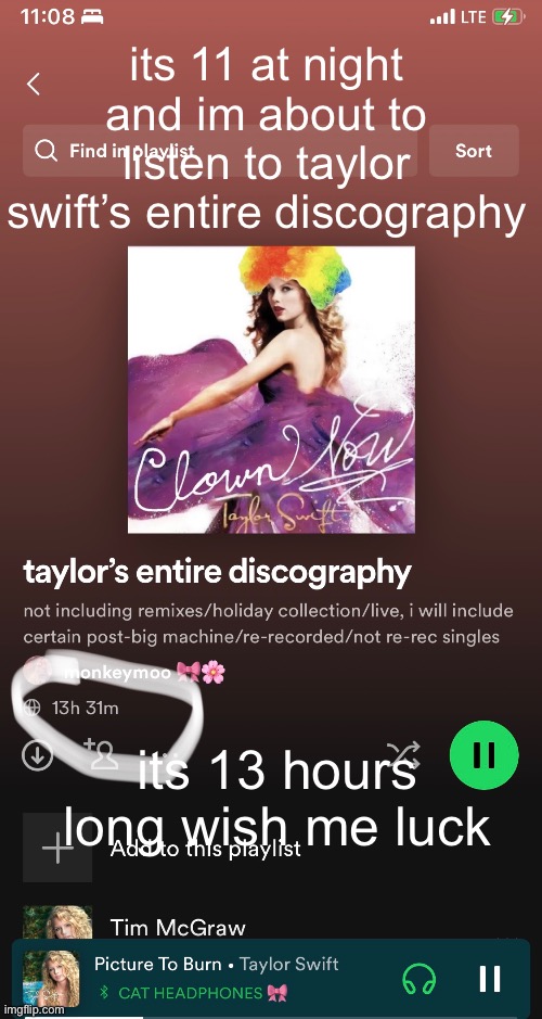 what am i doing help | its 11 at night and im about to listen to taylor swift’s entire discography; its 13 hours long wish me luck | image tagged in taylor swift,at teardrops on my guitar radio single and i regret this already | made w/ Imgflip meme maker