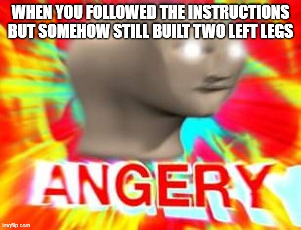 Surreal Angery | WHEN YOU FOLLOWED THE INSTRUCTIONS BUT SOMEHOW STILL BUILT TWO LEFT LEGS | image tagged in surreal angery,memes | made w/ Imgflip meme maker