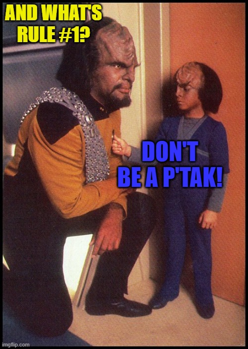 Worf Alexander Star Trek the Next Generation TNG | AND WHAT'S RULE #1? DON'T BE A P'TAK! | image tagged in worf alexander star trek the next generation tng | made w/ Imgflip meme maker