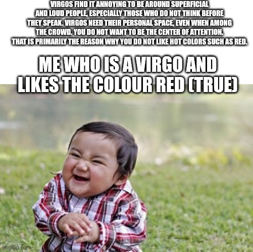 Evil Toddler Meme | VIRGOS FIND IT ANNOYING TO BE AROUND SUPERFICIAL AND LOUD PEOPLE, ESPECIALLY THOSE WHO DO NOT THINK BEFORE THEY SPEAK. VIRGOS NEED THEIR PERSONAL SPACE, EVEN WHEN AMONG THE CROWD. YOU DO NOT WANT TO BE THE CENTER OF ATTENTION. THAT IS PRIMARILY THE REASON WHY YOU DO NOT LIKE HOT COLORS SUCH AS RED. ME WHO IS A VIRGO AND LIKES THE COLOUR RED (TRUE) | image tagged in memes,evil toddler | made w/ Imgflip meme maker