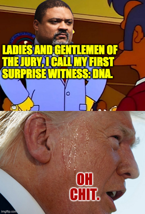 Surprise, surprise, surprise! | LADIES AND GENTLEMEN OF
THE JURY, I CALL MY FIRST
SURPRISE WITNESS: DNA. OH
CHIT. | image tagged in memes,trump trial,surprise | made w/ Imgflip meme maker