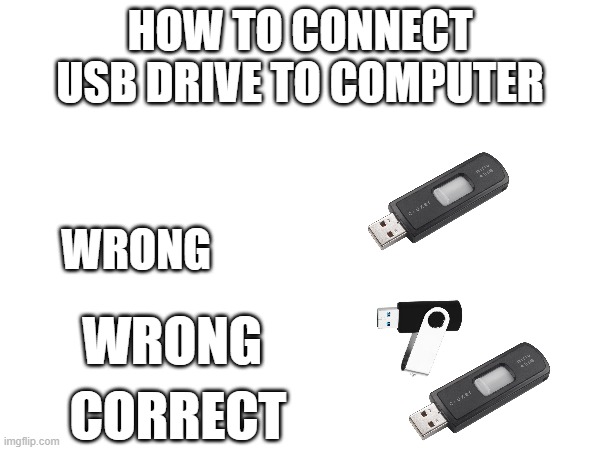 usb 2.0 moment | HOW TO CONNECT USB DRIVE TO COMPUTER; WRONG; WRONG; CORRECT | image tagged in memes,funny,usb drive | made w/ Imgflip meme maker