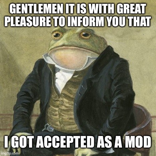 This is the only stream I mod atm | GENTLEMEN IT IS WITH GREAT PLEASURE TO INFORM YOU THAT; I GOT ACCEPTED AS A MOD | image tagged in gentlemen it is with great pleasure to inform you that,idk what to put in the tags,but justacheemsdoge is a legend | made w/ Imgflip meme maker
