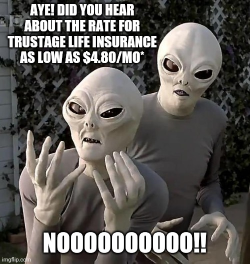 Aliens | AYE! DID YOU HEAR ABOUT THE RATE FOR TRUSTAGE LIFE INSURANCE AS LOW AS $4.80/MO*; NOOOOOOOOOO!! | image tagged in aliens,memes | made w/ Imgflip meme maker
